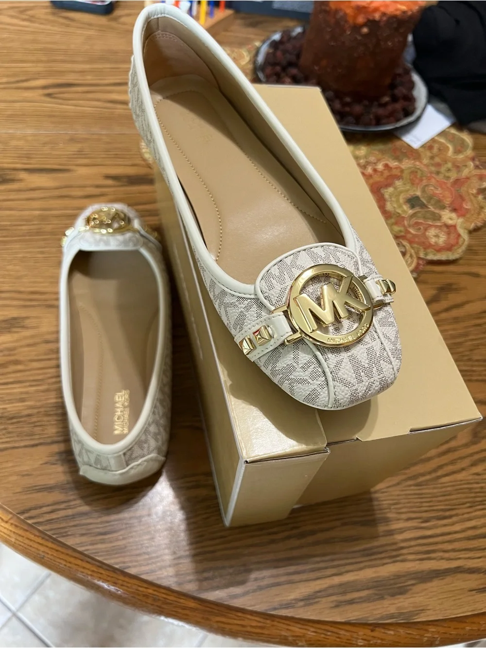 Michael Kors Cream Logo-Print Ballet Loafers with Gold MK Hardware